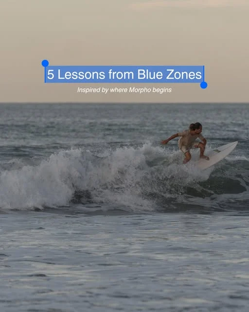 A surfer riding a wave beneath the words 5 Lessons from Blue Zones